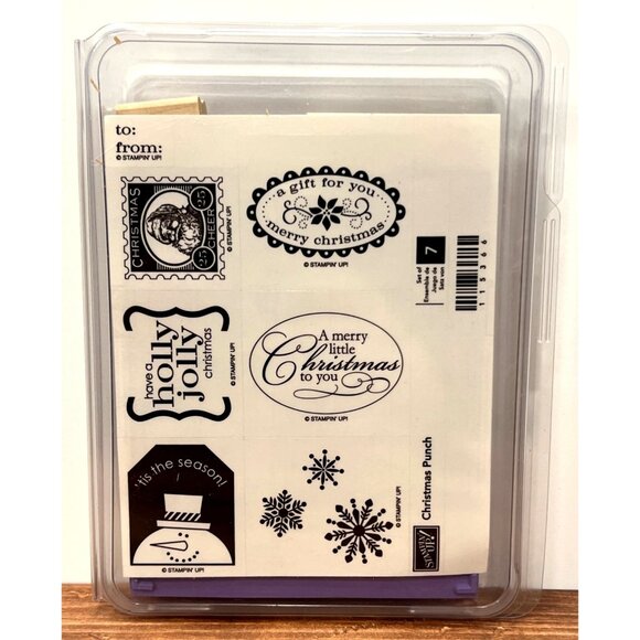 Stampin Up Christmas Punch Wood Mounted Rubber Stamp Set 115366 gift tag snow - Picture 1 of 2